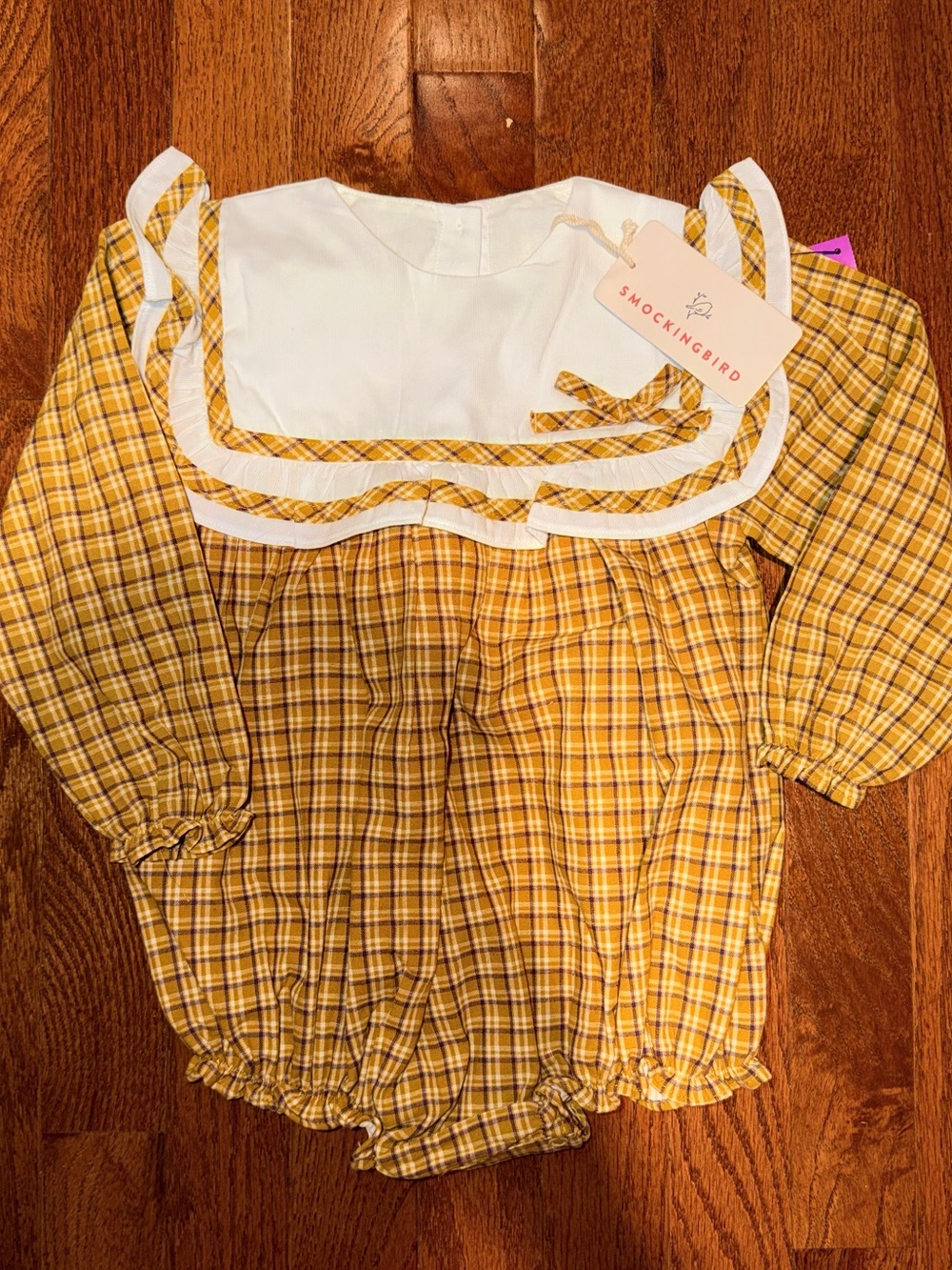 Smockingbird Yellow Plaid Baby Bubble with White Sailor Collar